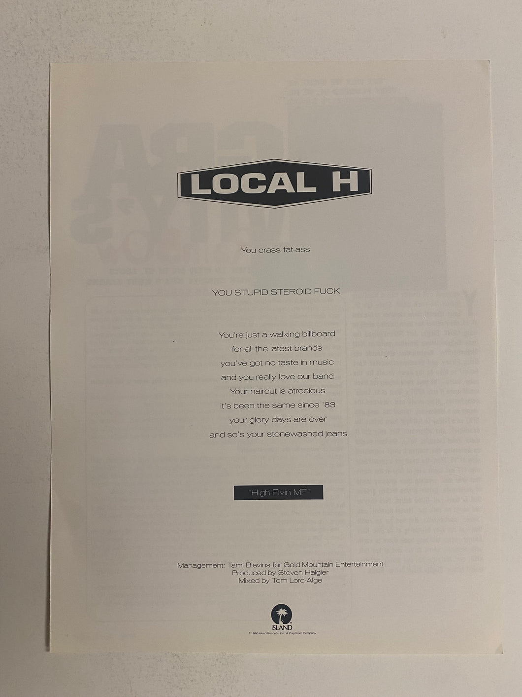 Local H - 8 1/2” x 11” Trade Ad #2