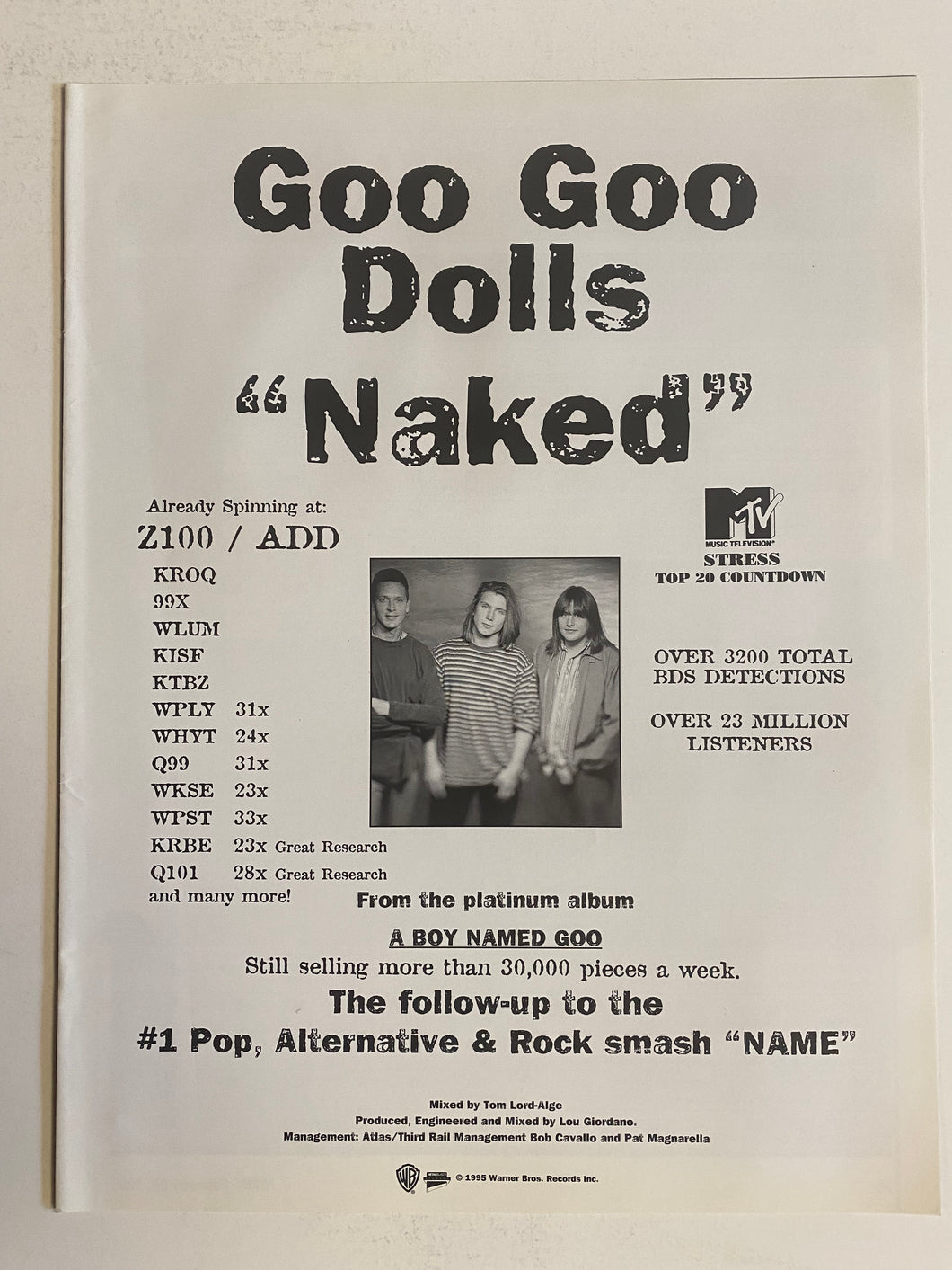 Goo Goo Dolls - 8 1/2” x 11” Trade Ad #2