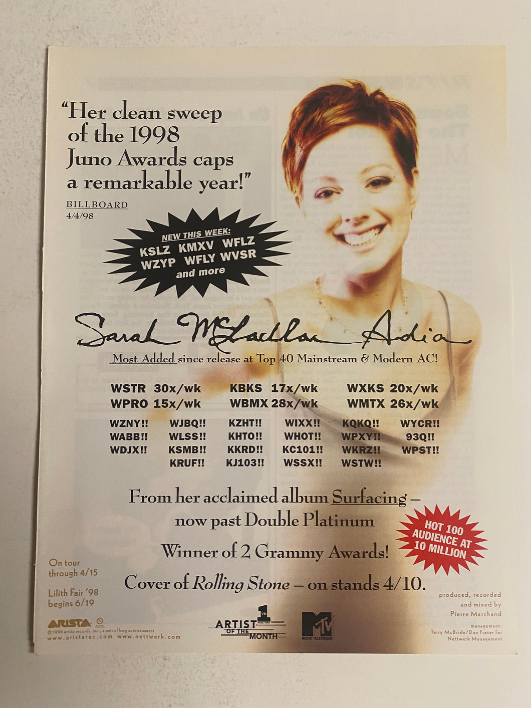 Sarah McLachlan - 8 1/2” x 11” Trade Ad