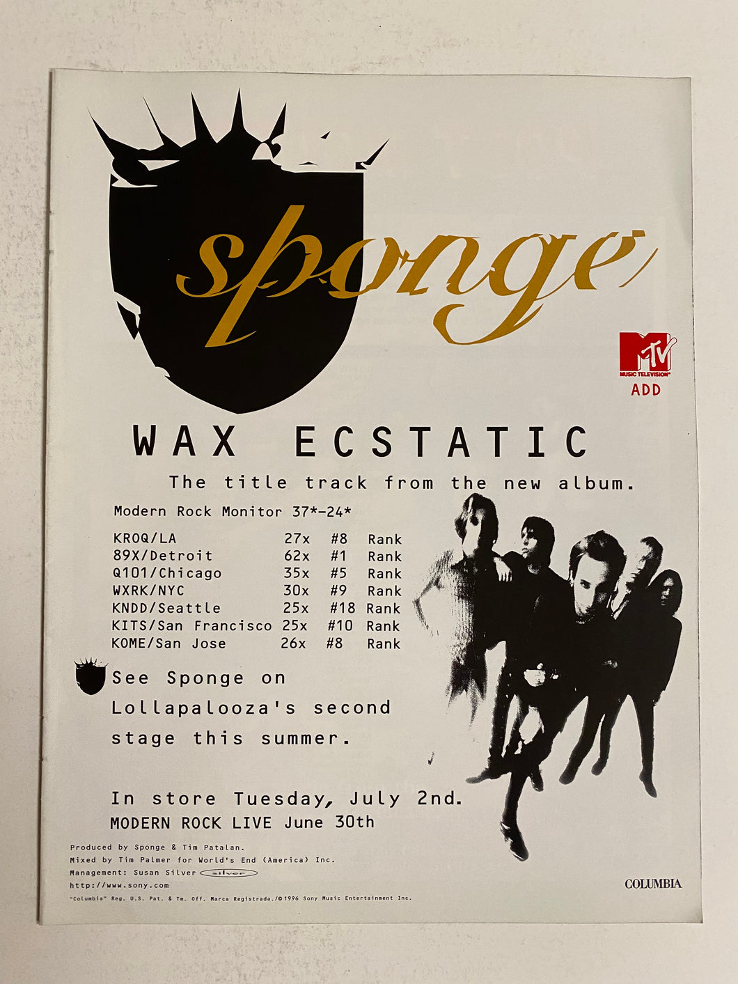 Sponge - 8 1/2” x 11” Trade Ad #2